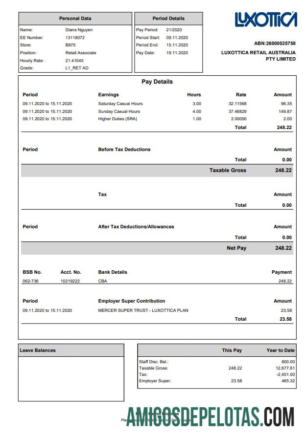 Recibo de pagamento de varejo da Luxottica baixar para verificação